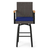 Outdoor 360Â° Swivel Bar Stool with Cushion and Acacia Wood Armrests-F