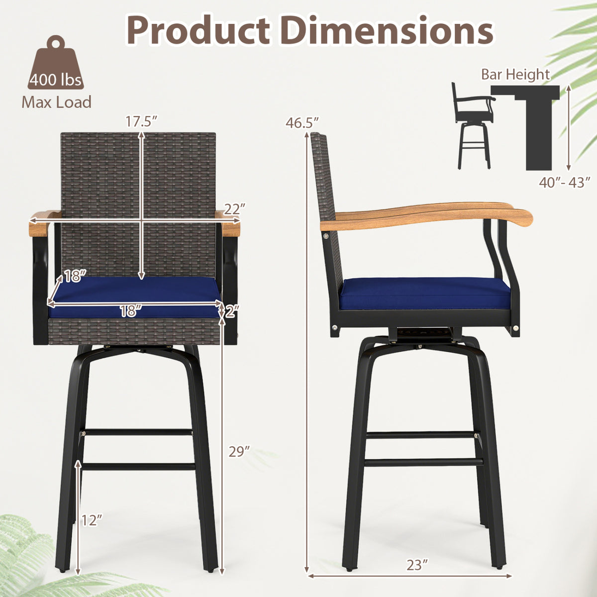 Outdoor 360Â° Swivel Bar Stool with Cushion and Acacia Wood Armrests-F