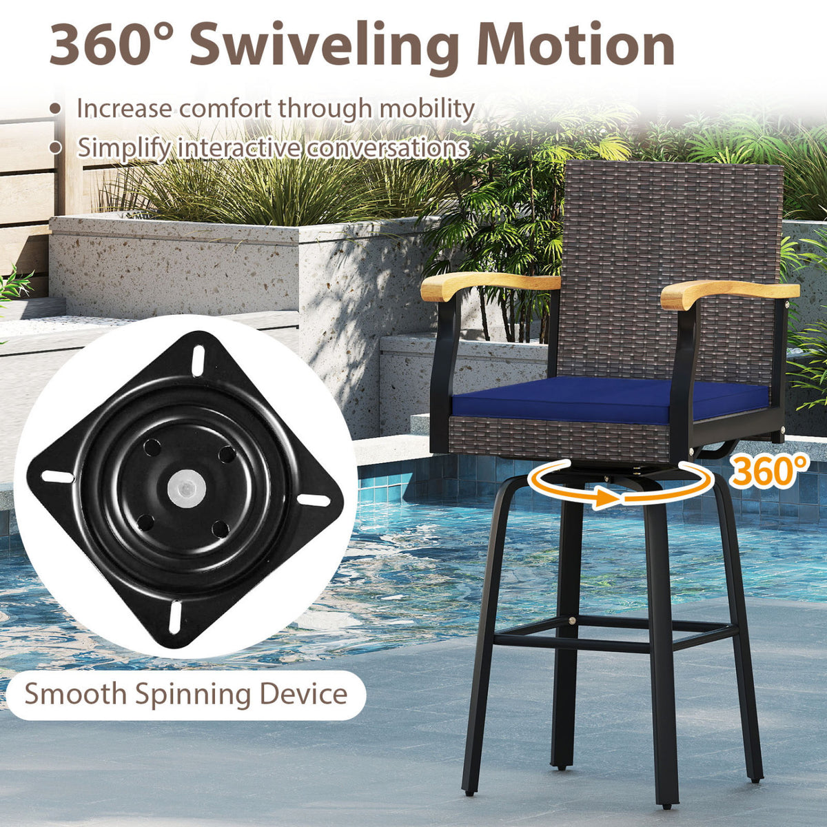 Outdoor 360Â° Swivel Bar Stool with Cushion and Acacia Wood Armrests-F