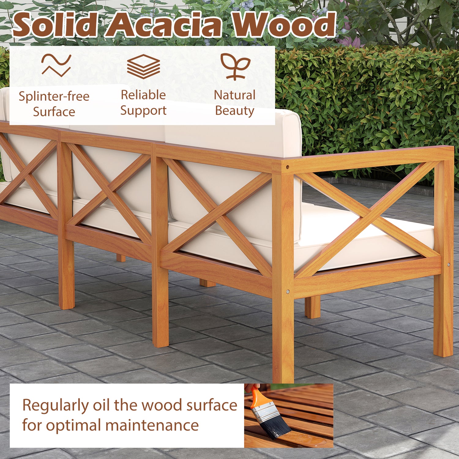 Outdoor 6 Pieces Acacia Wood Patio Sectional Furniture Set-Off White