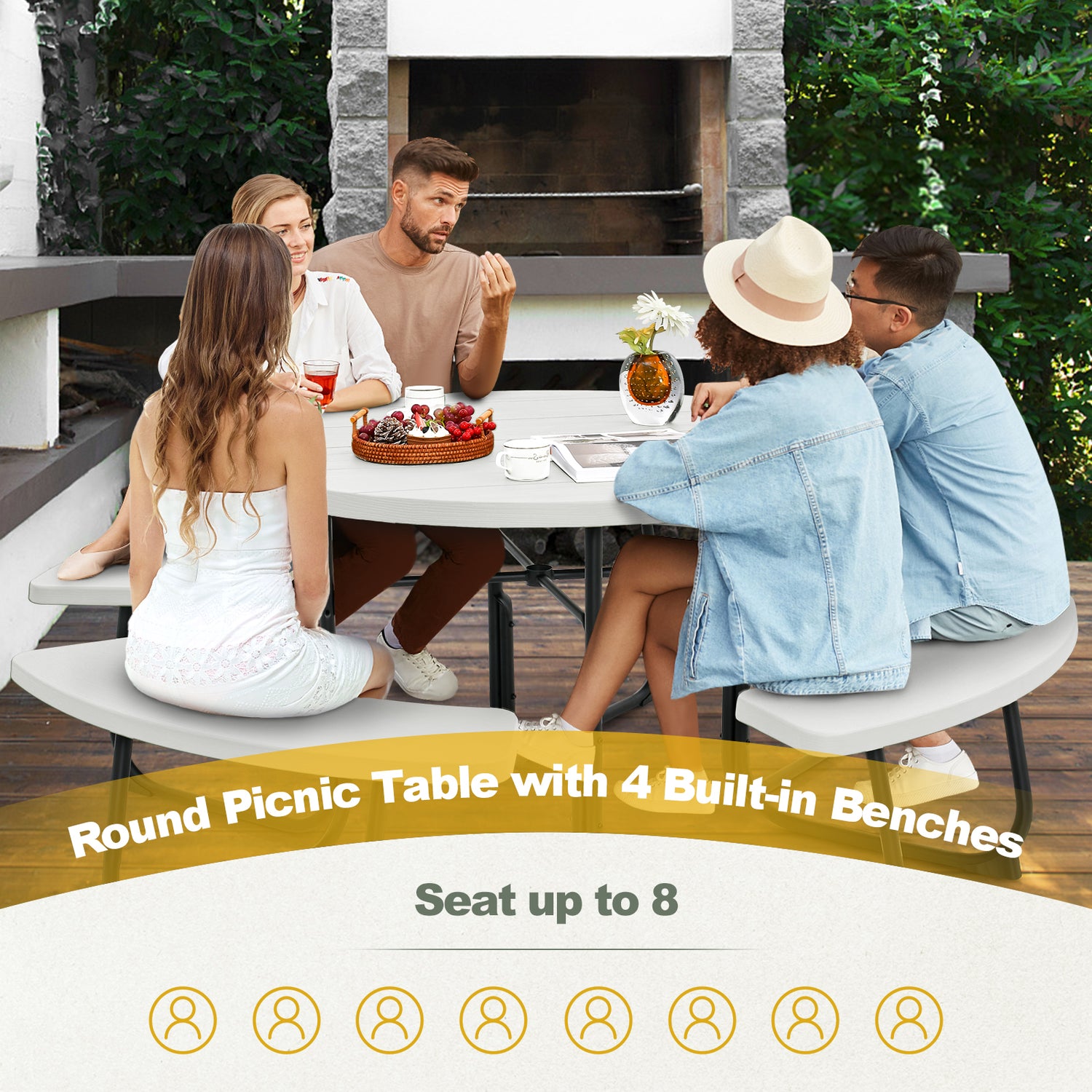 8-Person Outdoor Picnic Table and Bench Set with Umbrella Hole