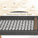 Outdoor Acacia Wood Bench with Rope Woven Backrest and Armrests for 2-Person