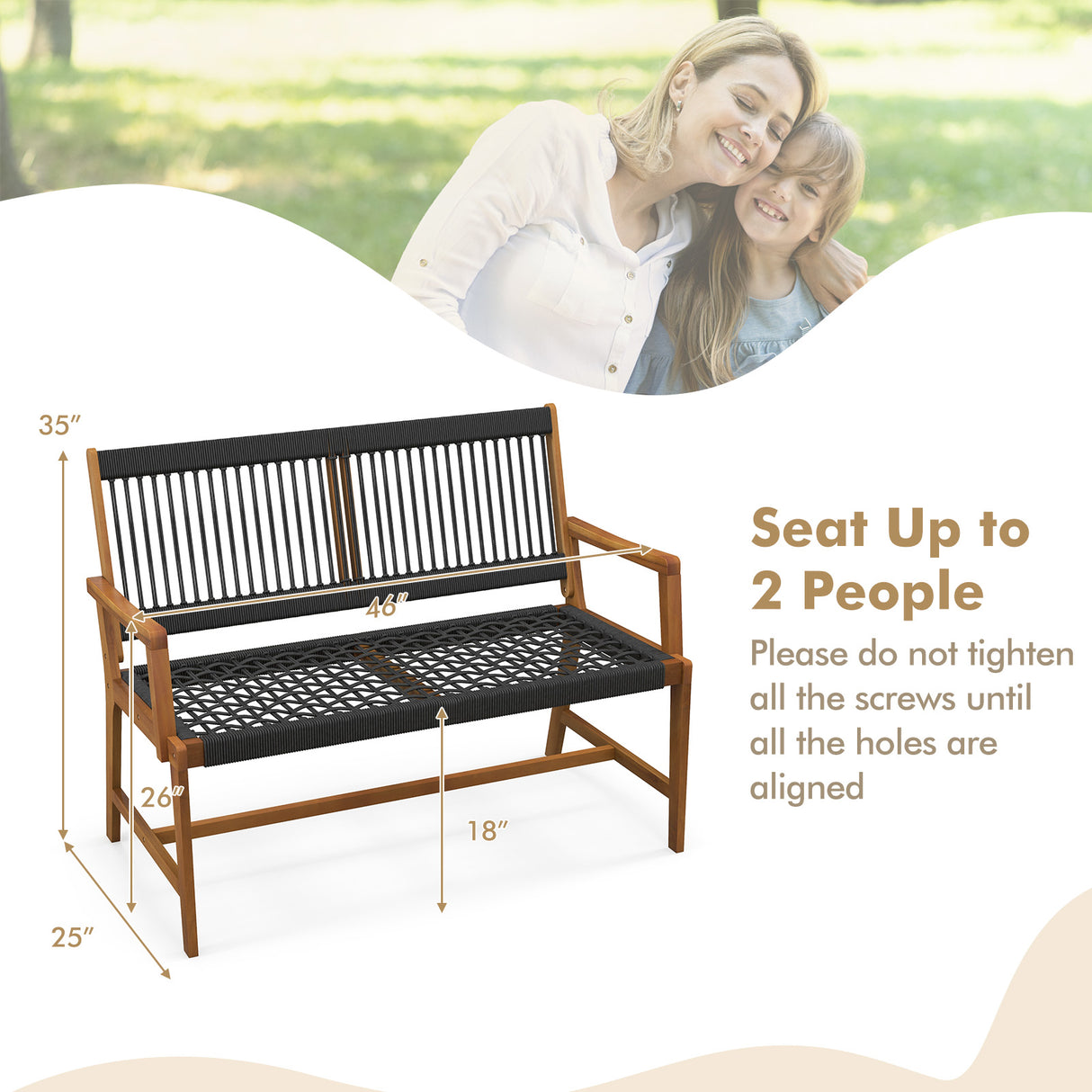 Outdoor Acacia Wood Bench with Rope Woven Backrest and Armrests for 2-Person