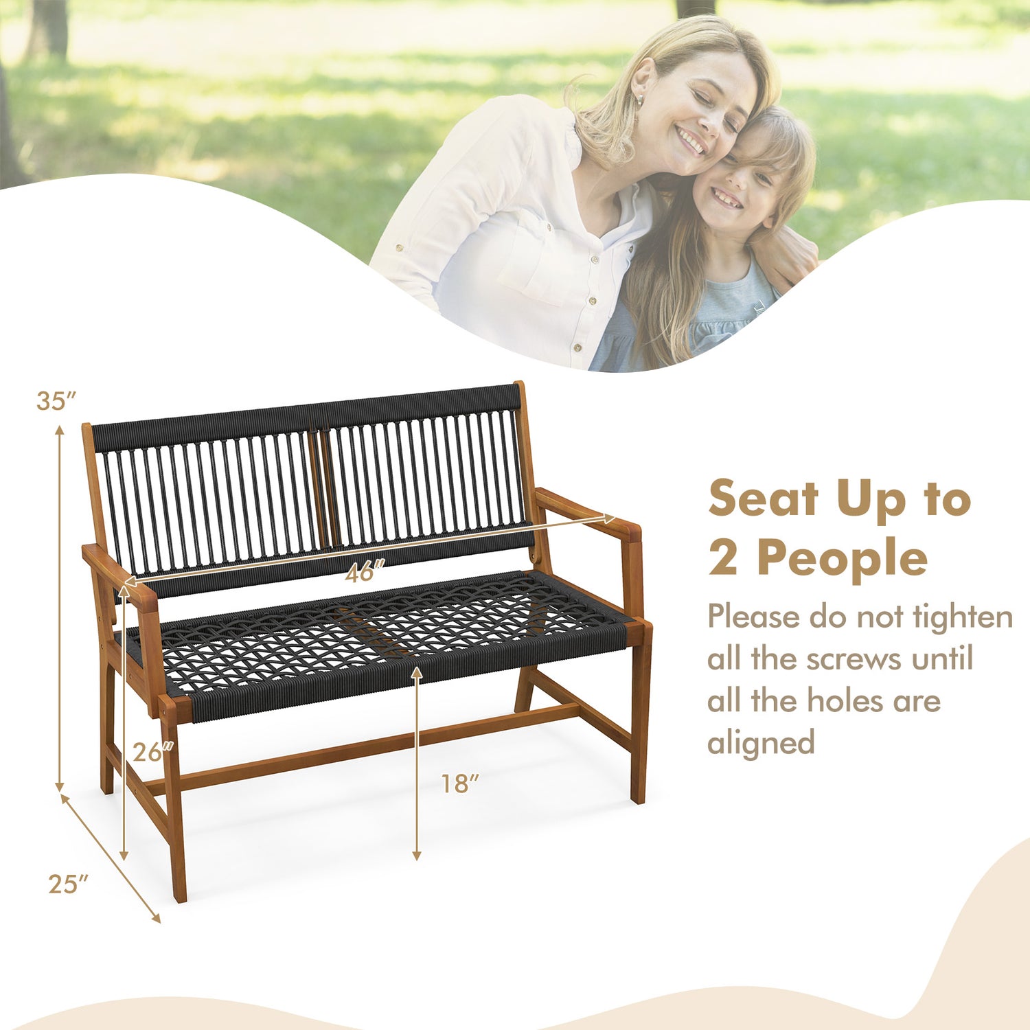 Outdoor Acacia Wood Bench with Rope Woven Backrest and Armrests for 2-Person