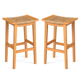 Outdoor Acacia Wood Bar Stools Set of 2 with PE Rattan Seats and Backrests