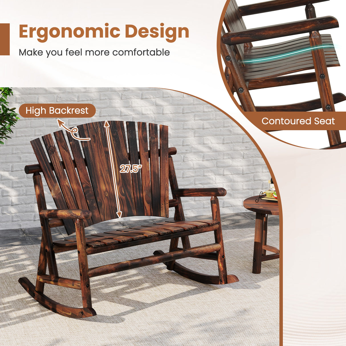 Outdoor Adirondack Rocking Chair for Adults with High Back and Slatted Seat-Brown