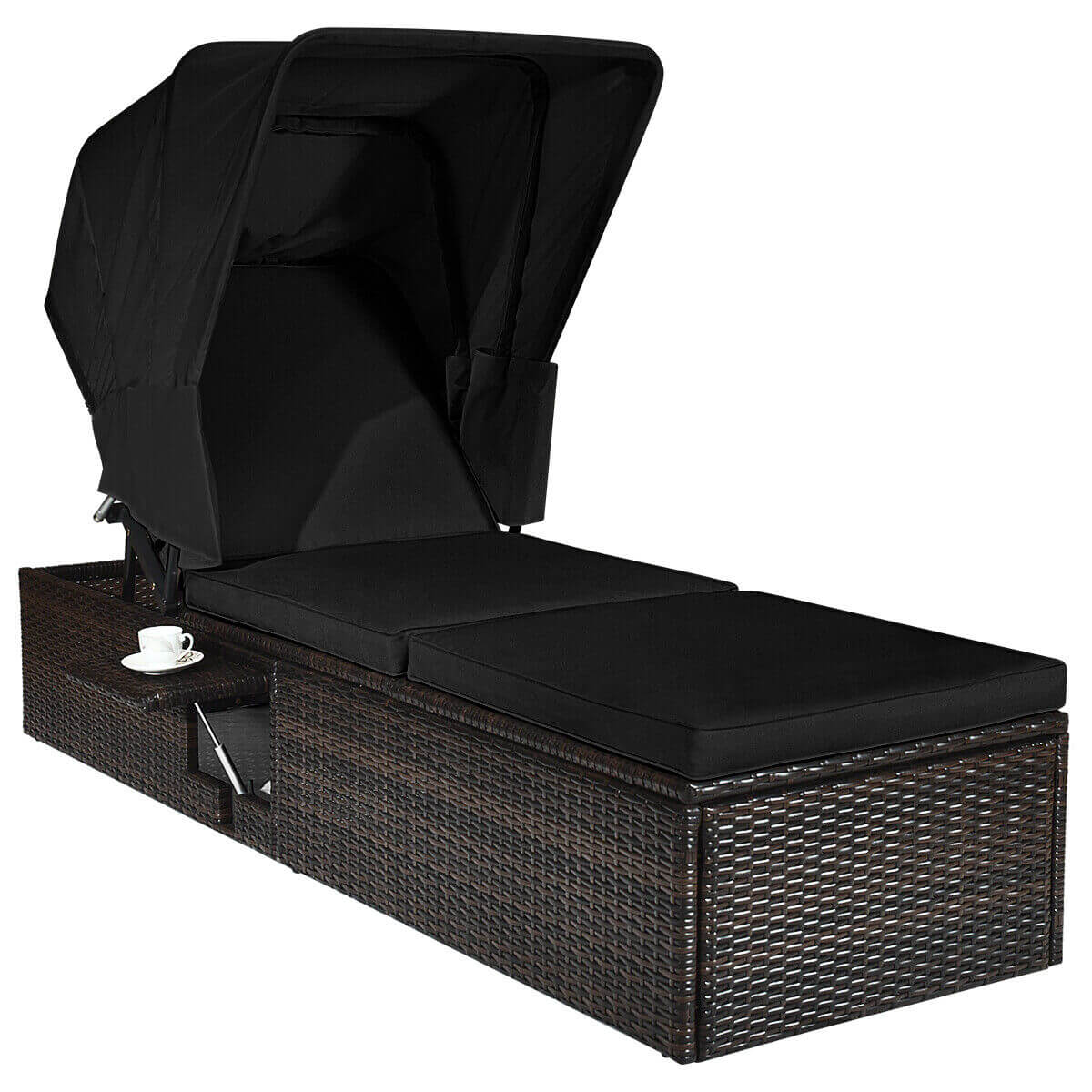 Chaise Cushioned Top Canopy Patio Rattan Lounge Chair with Tea Table
