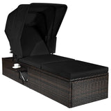 Chaise Cushioned Top Canopy Patio Rattan Lounge Chair with Tea Table