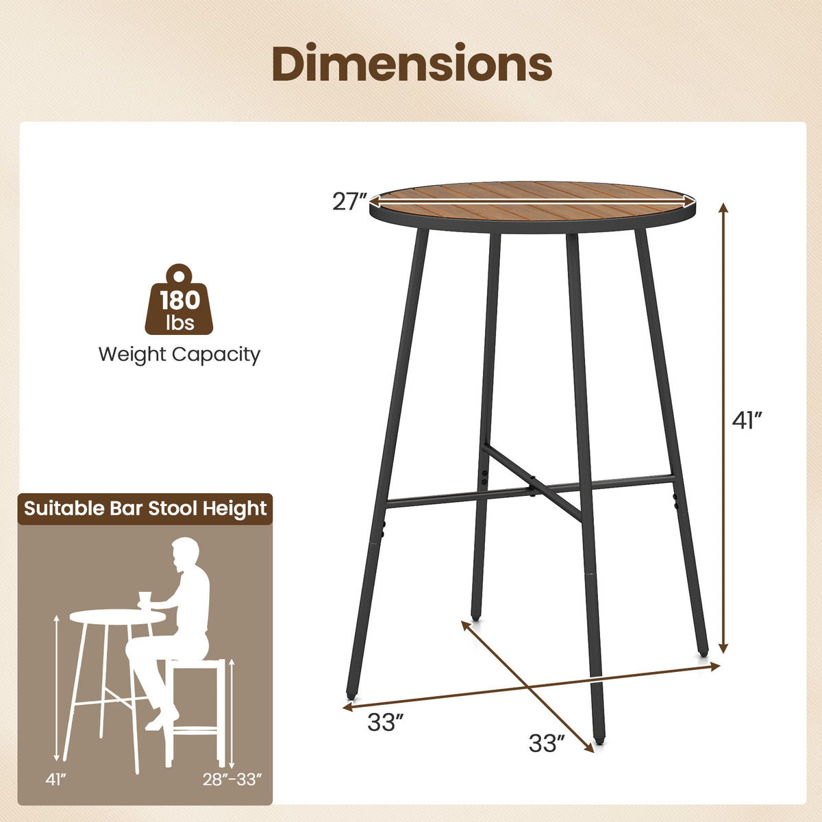 Outdoor Bar Table 41 inch Bar Height Patio Round Table with Acacia Wood Top and Metal Frame