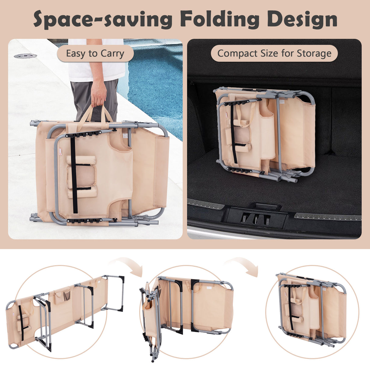 Folding Beach Lounge Chair with Pillow for Outdoor