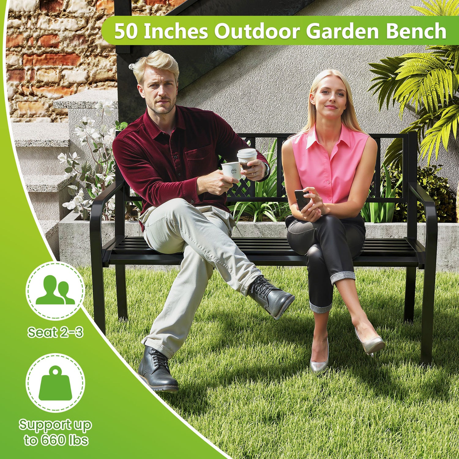 Outdoor Bench Metal Loveseat Patio Bench for 2-3-Person-Black
