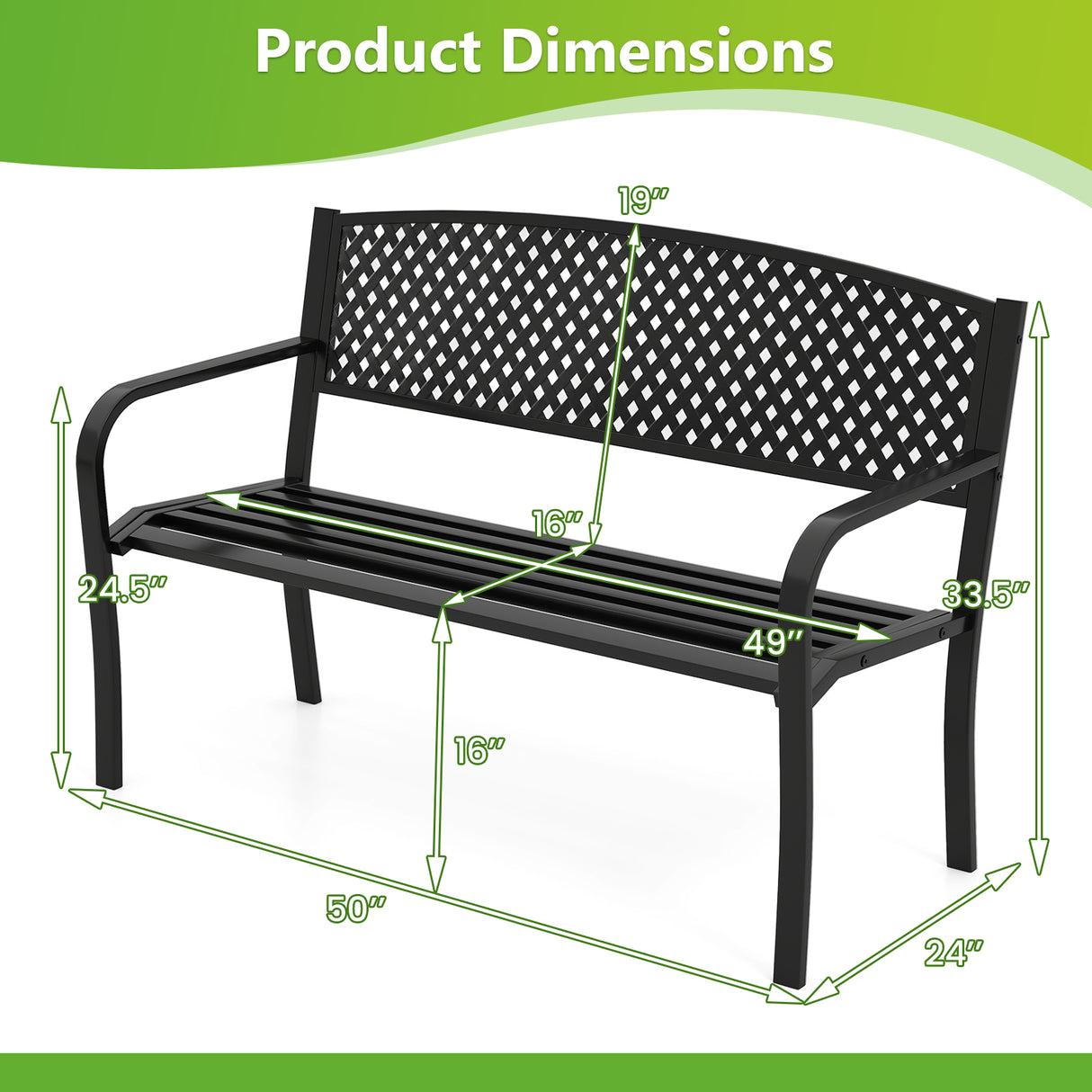 Metal Outdoor Bench with High Back for 2-3-Person Patio Bench-Black