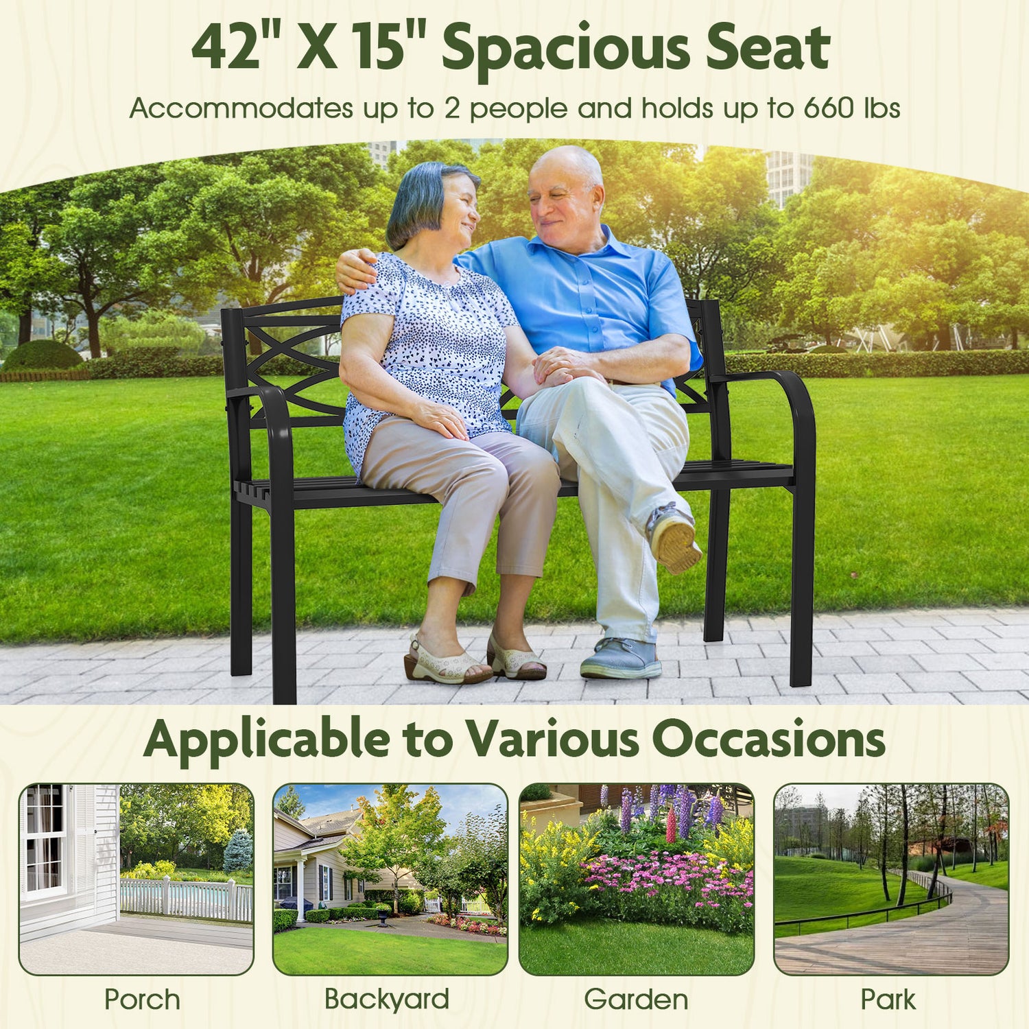 Garden Bench with Curved Armrests and Backrest-Black