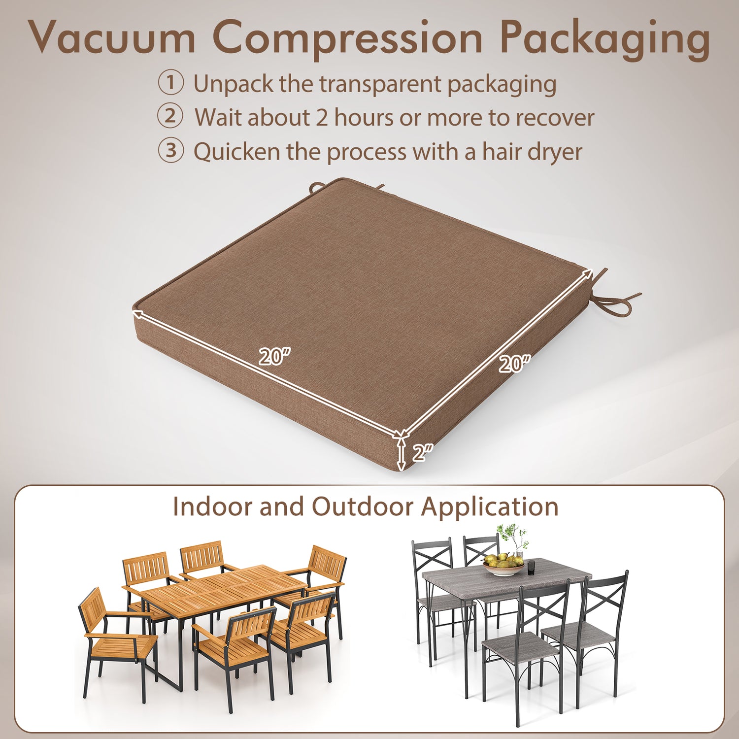 Outdoor Chair Cushion Set of 2 Waterproof Fade-Resistant Olefin Seat Cushions