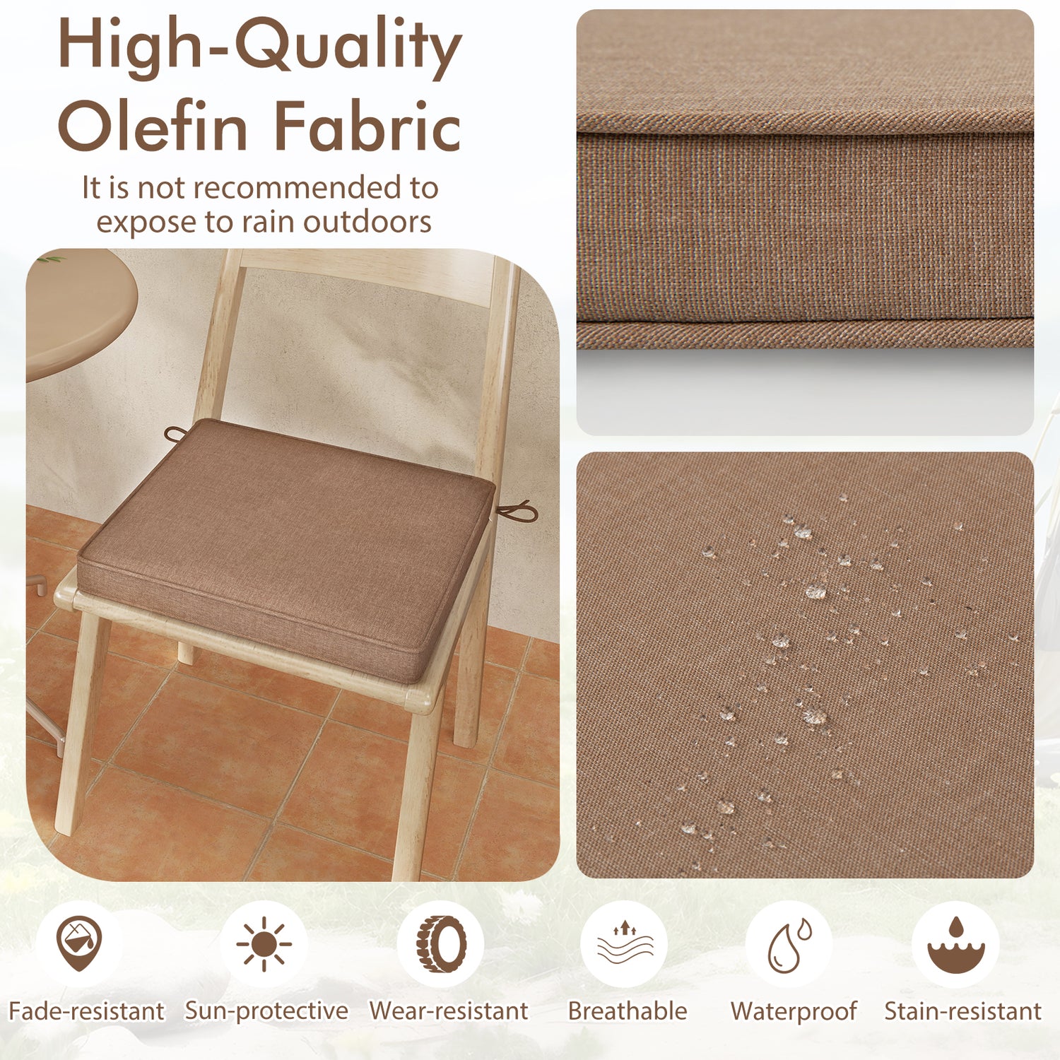 Outdoor Chair Cushion Set of 2 Waterproof Fade-Resistant Olefin Seat Cushions