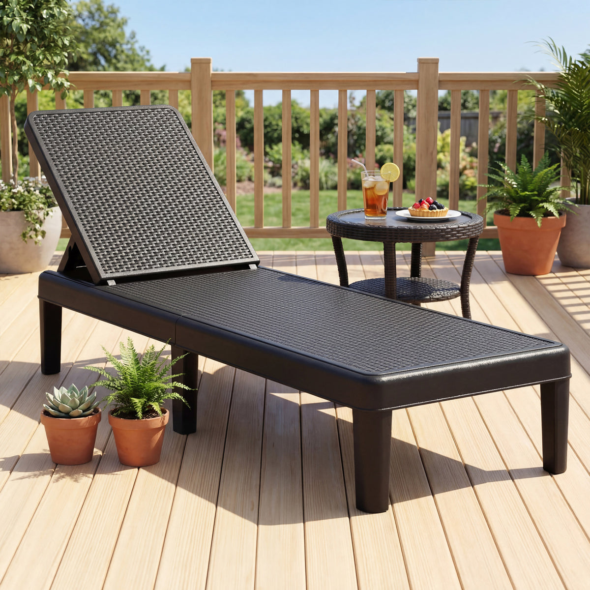 Outdoor Chaise Lounger Chair with Waterproof Rattan Textured PP Surface Set of 2