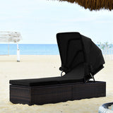 Chaise Cushioned Top Canopy Patio Rattan Lounge Chair with Tea Table
