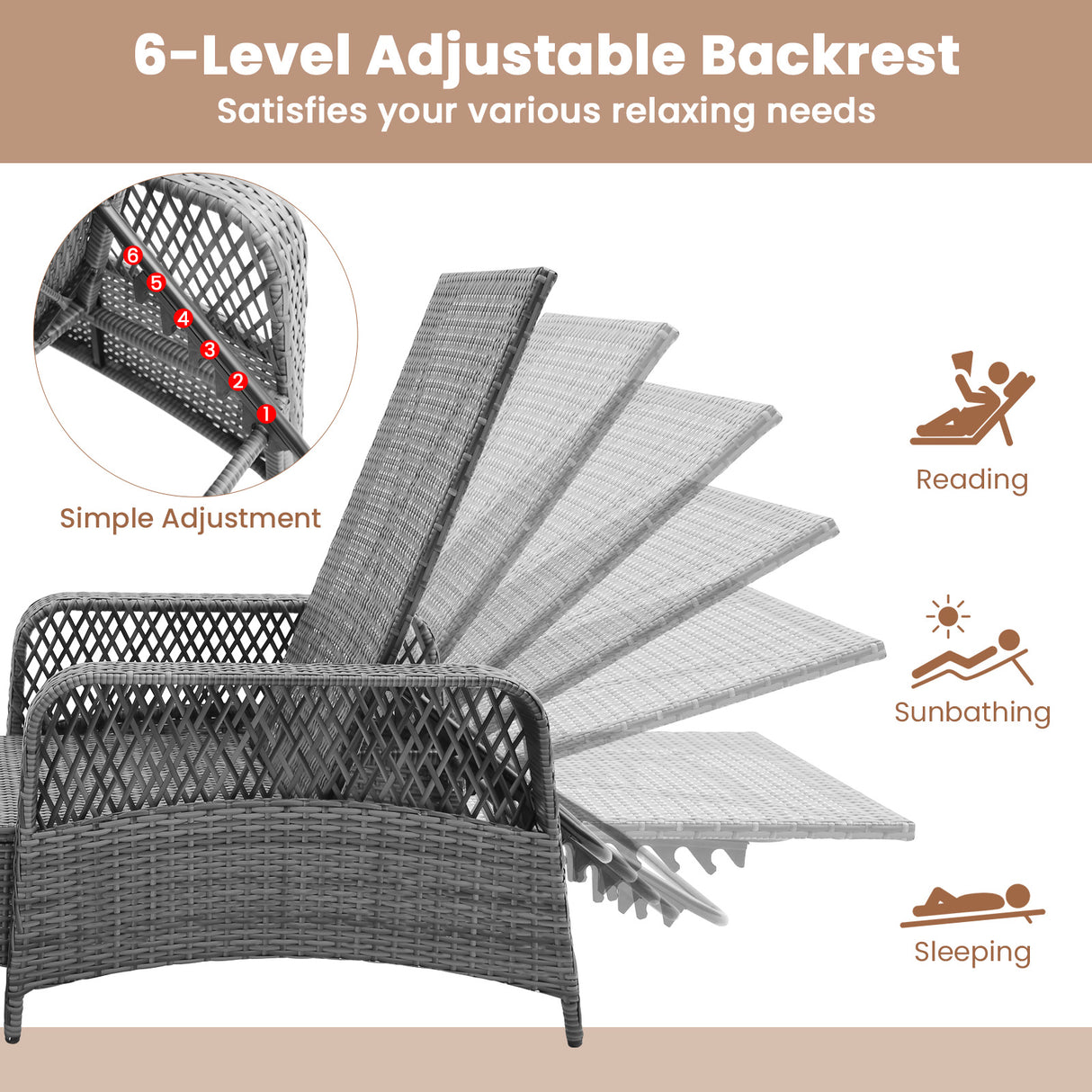 Outdoor Chaise Lounge Chair Recliner with 6-Level Backrest Cushion and Pillow