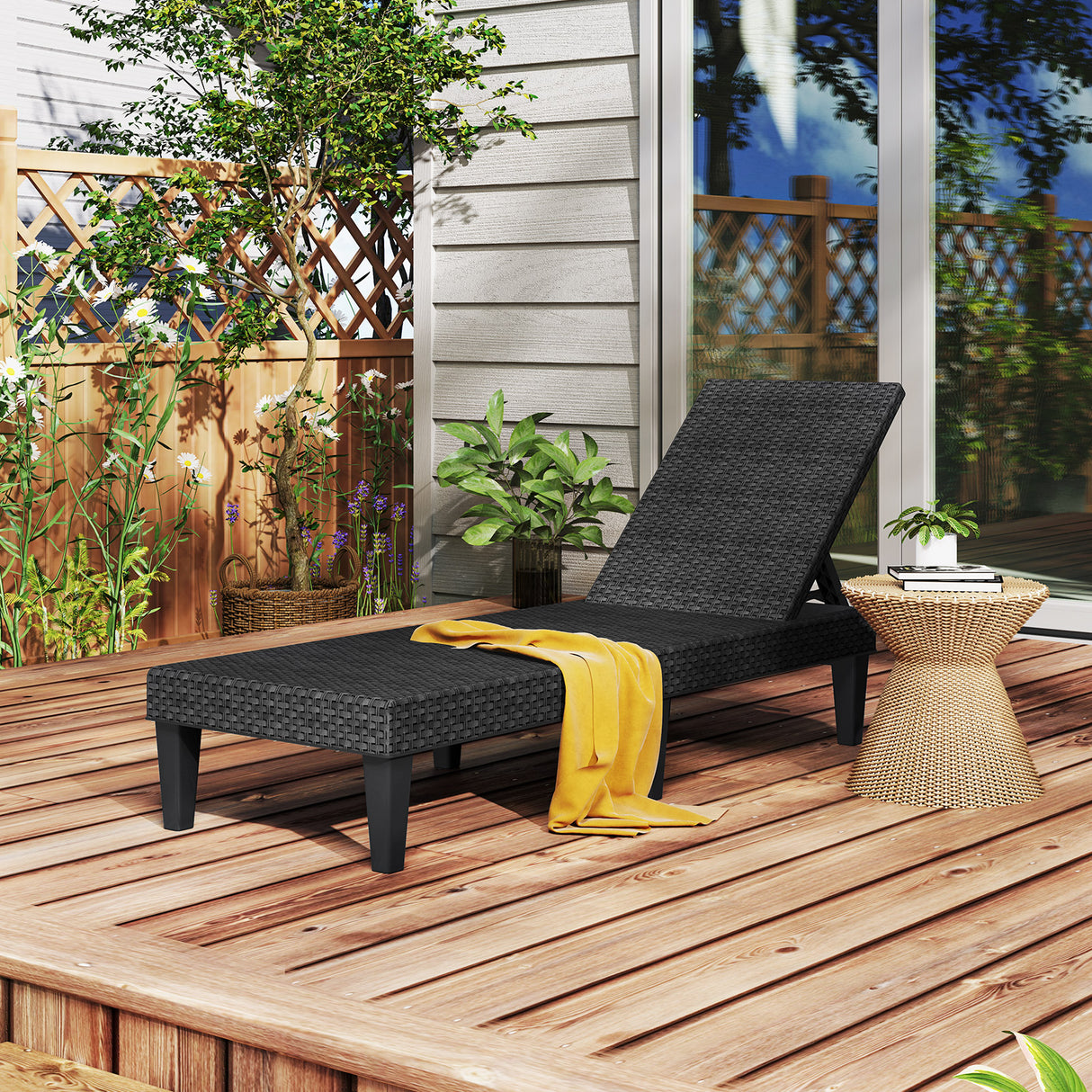 Outdoor Chaise Lounger Chair with Waterproof Rattan Textured PP Surface and 330 lbs Capacity