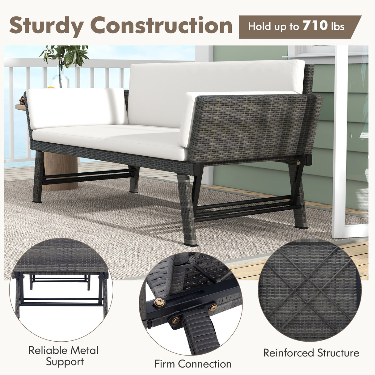 Outdoor Convertible Sofa Daybed with Adjustable Armrests for Balcony