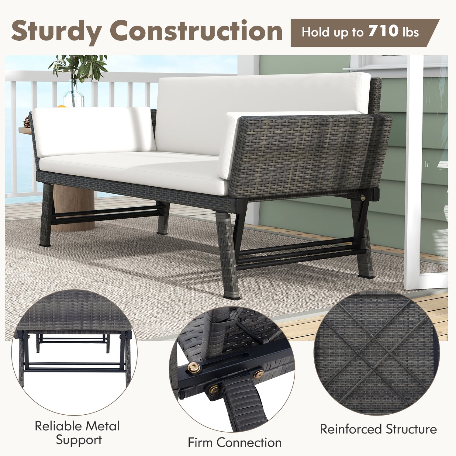 Outdoor Convertible Sofa Daybed with Adjustable Armrests for Balcony