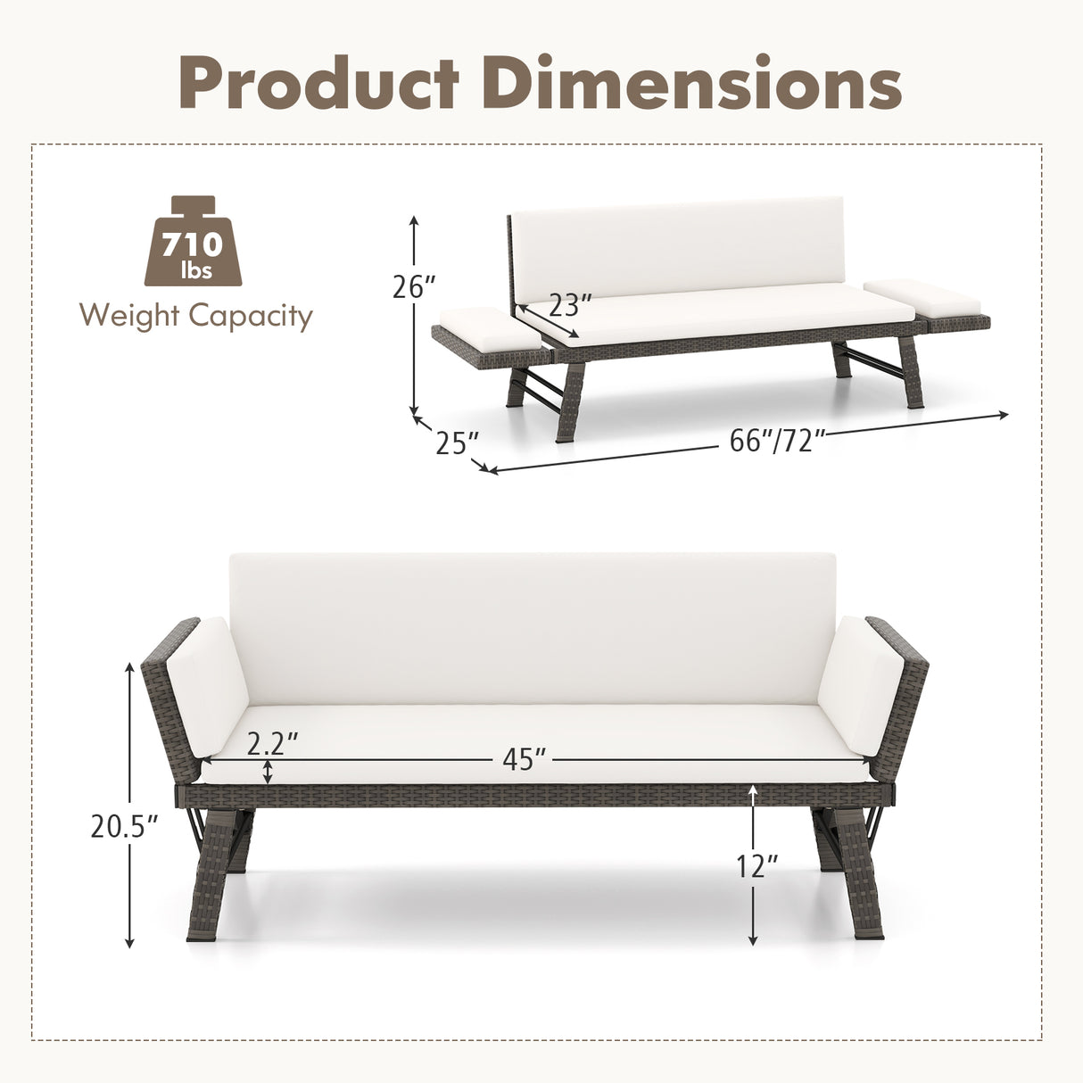 Outdoor Convertible Sofa Daybed with Adjustable Armrests for Balcony