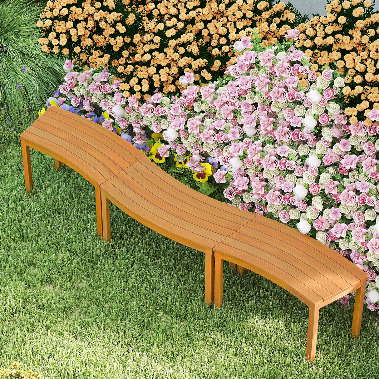 Outdoor Curved Acacia  Wood Bench Set of 2/3/4 for Front Porch