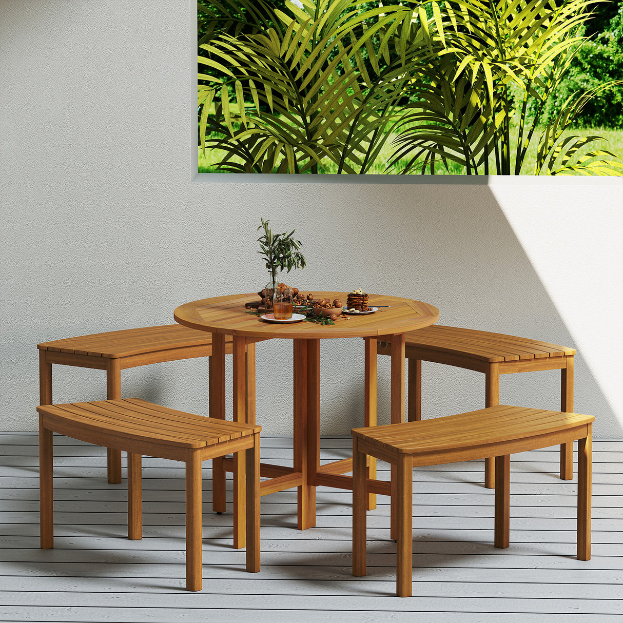 Outdoor Curved Acacia  Wood Bench Set of 2/3/4 for Front Porch