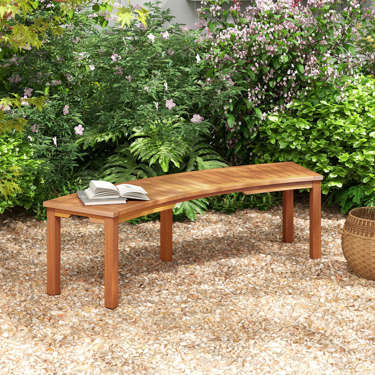 Outdoor Curved Acacia Wood Fire Pit Bench with Slatted Seat