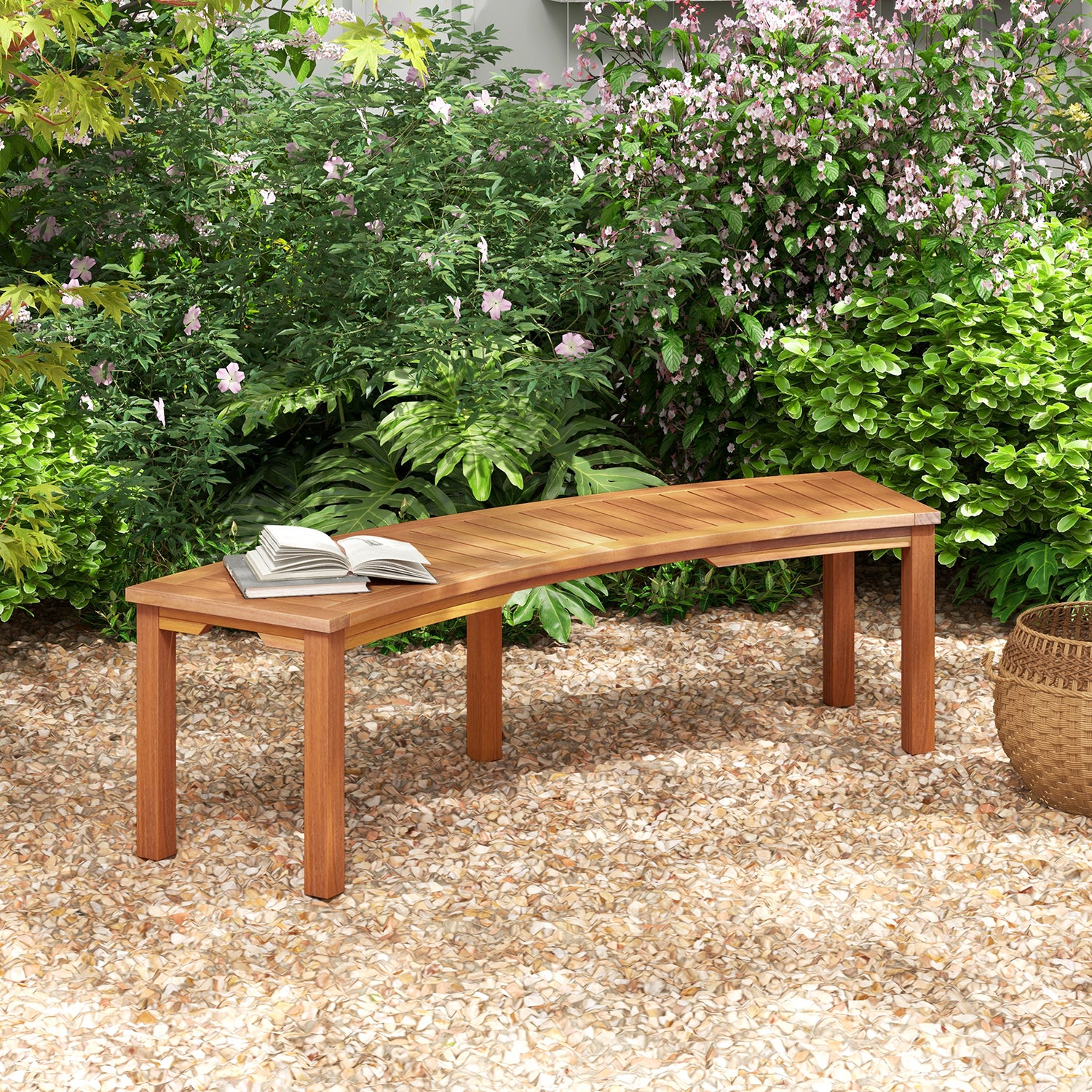 Outdoor Curved Acacia Wood Fire Pit Bench with Slatted Seat