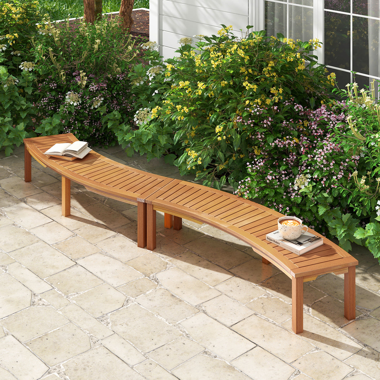 Outdoor Curved Acacia Wood Fire Pit Bench with Slatted Seat