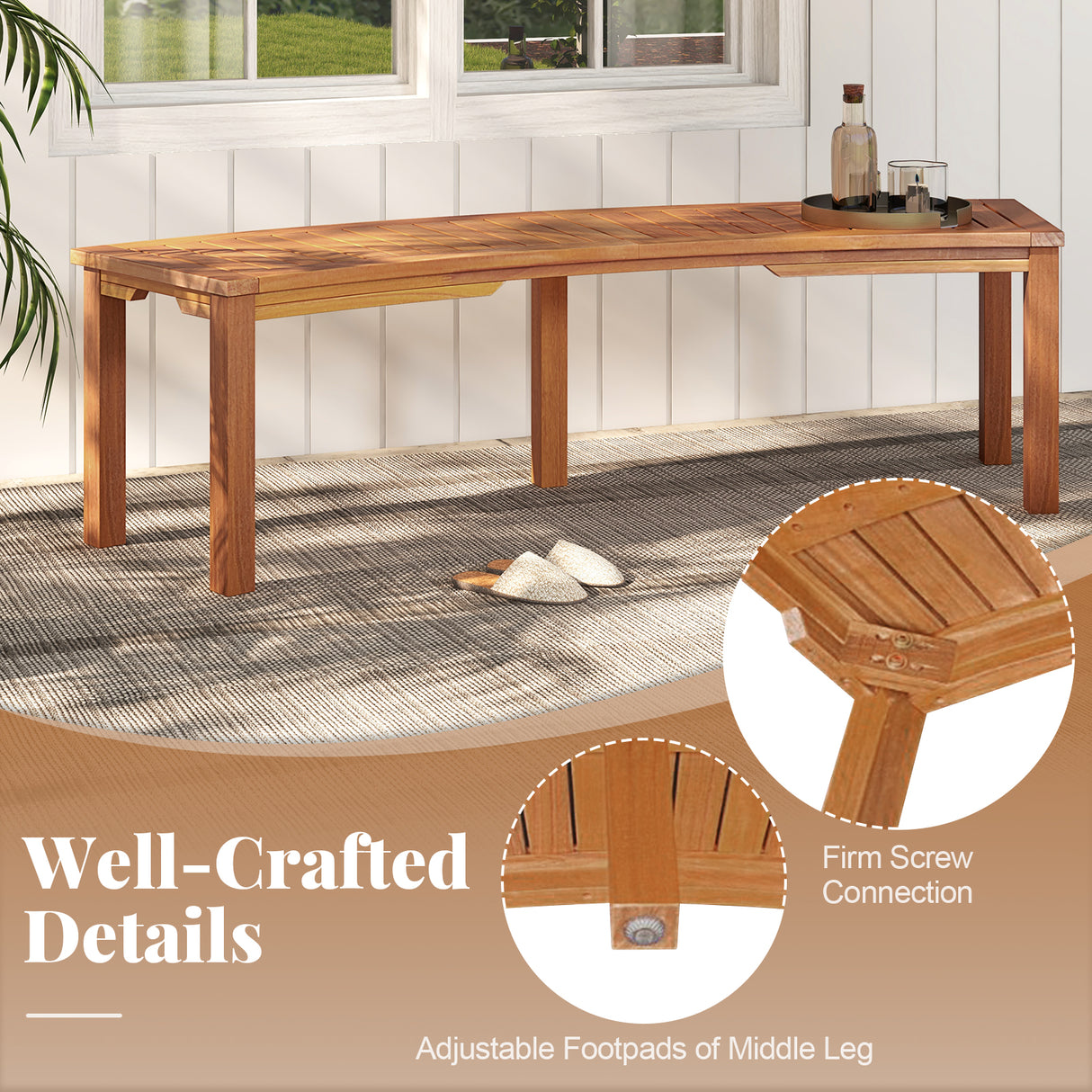 Outdoor Curved Acacia Wood Fire Pit Bench with Slatted Seat