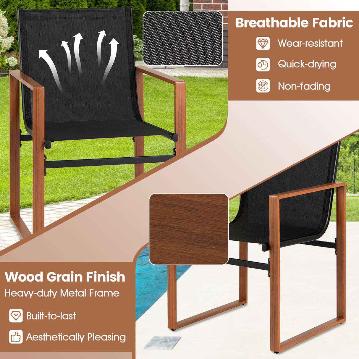 Outdoor Dining Chairs with Breathable Seat and Backrest Set of 2