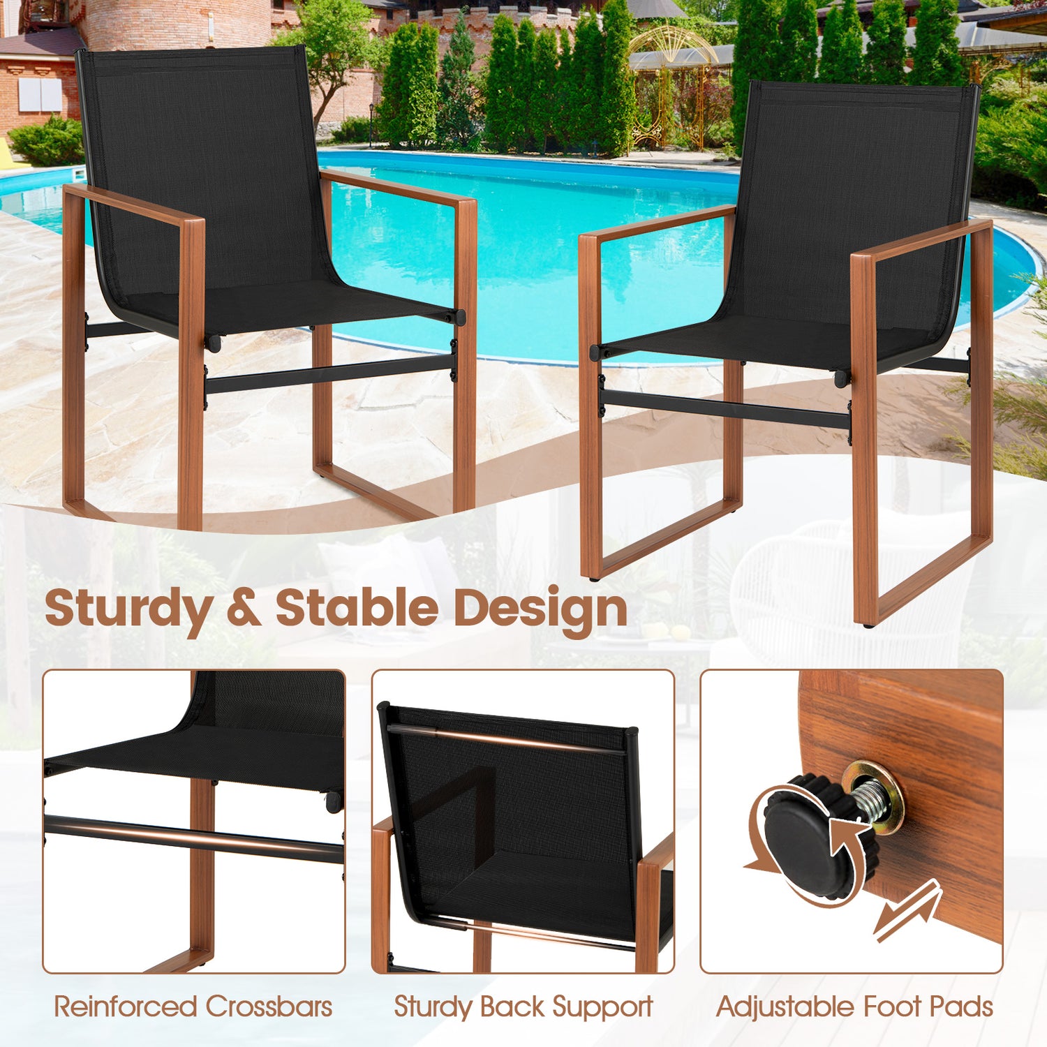 Outdoor Dining Chairs with Breathable Seat and Backrest Set of 2