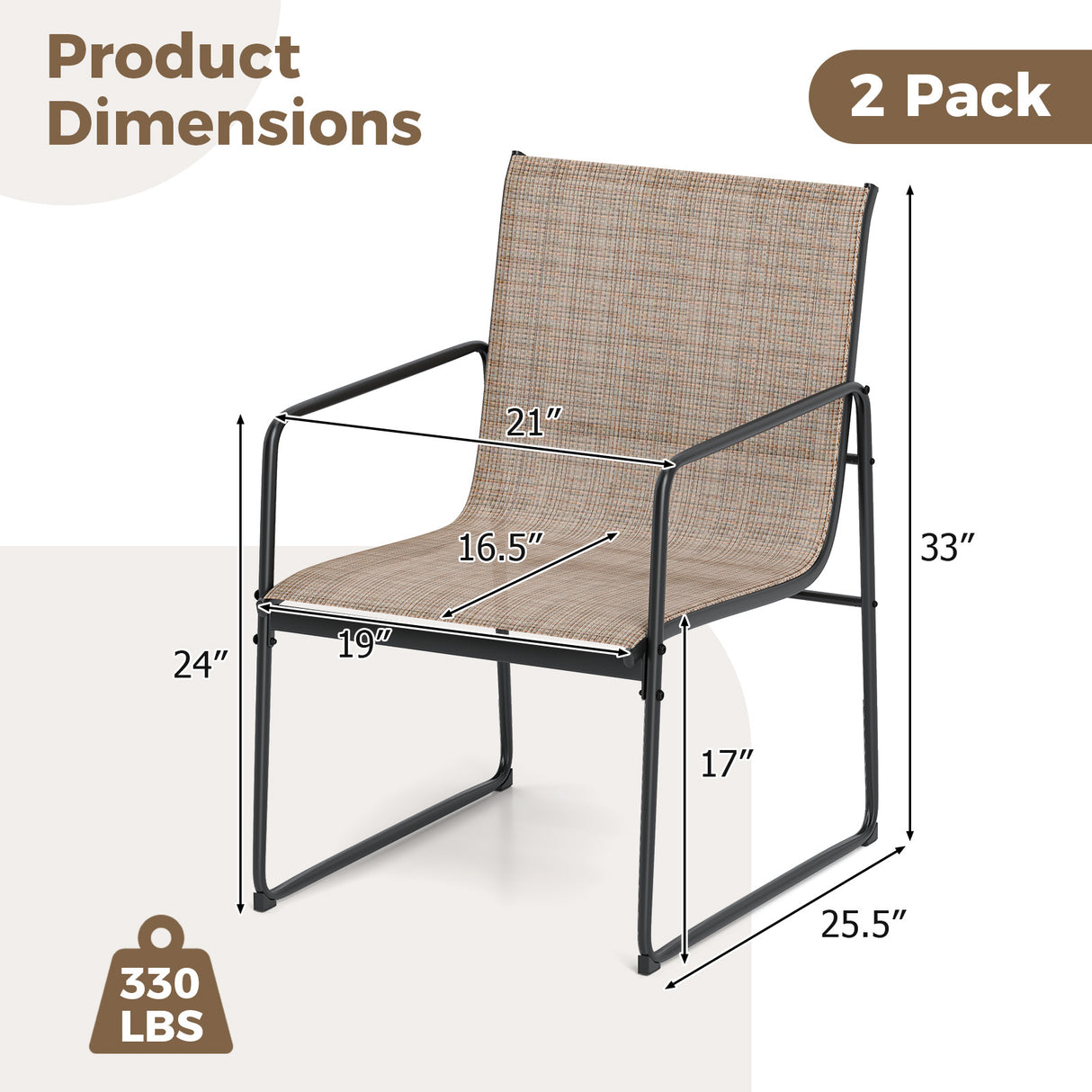 Outdoor Dining Chairs Set of 2 Patio Furniture Chair with Breathable Seat and Backrest-Brown
