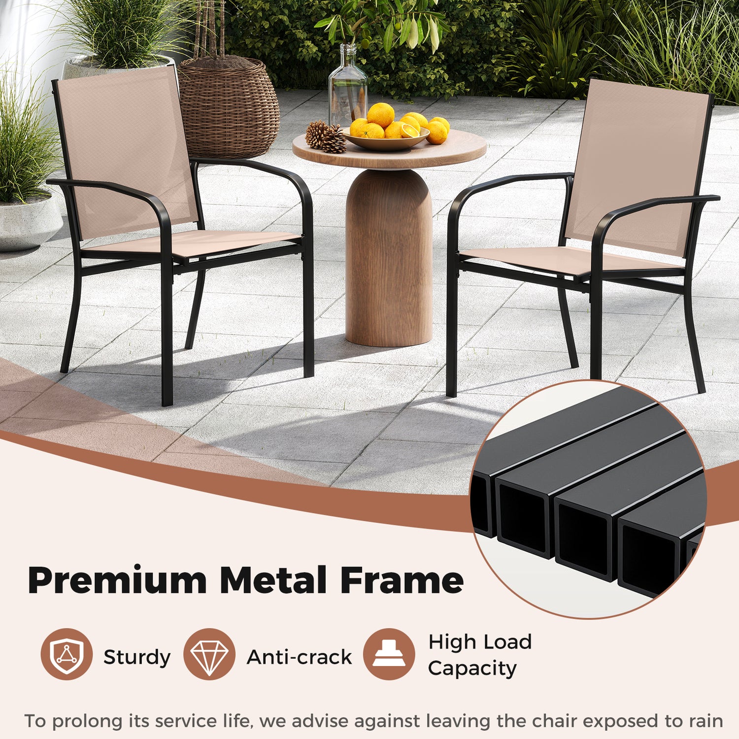 Outdoor Dining Chairs Set of 4 with High Back and Metal Frame-Light Brown