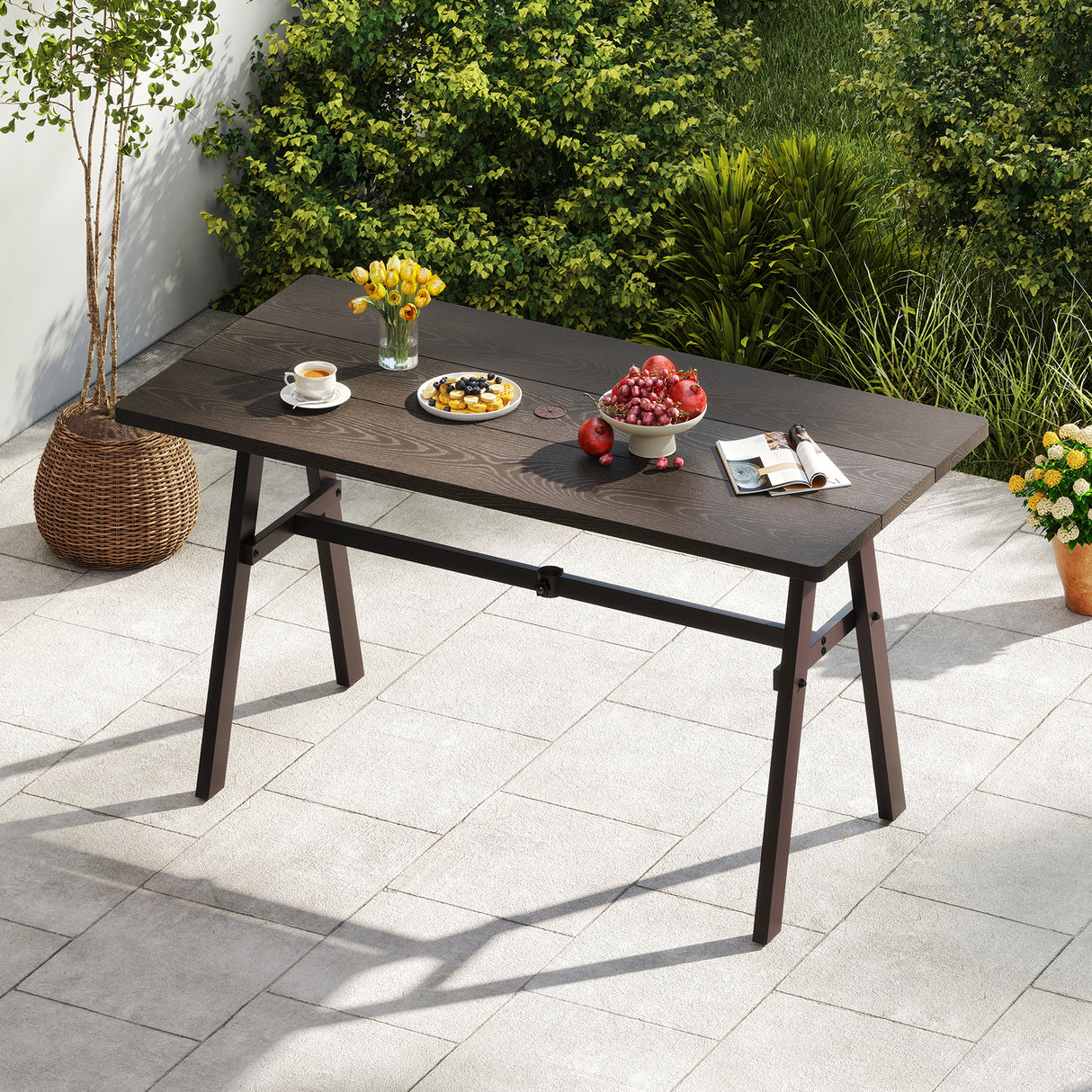 Outdoor Dining Tale for 6 with 1.93 Inch Umbrella Hole for Garden-Dark Brown