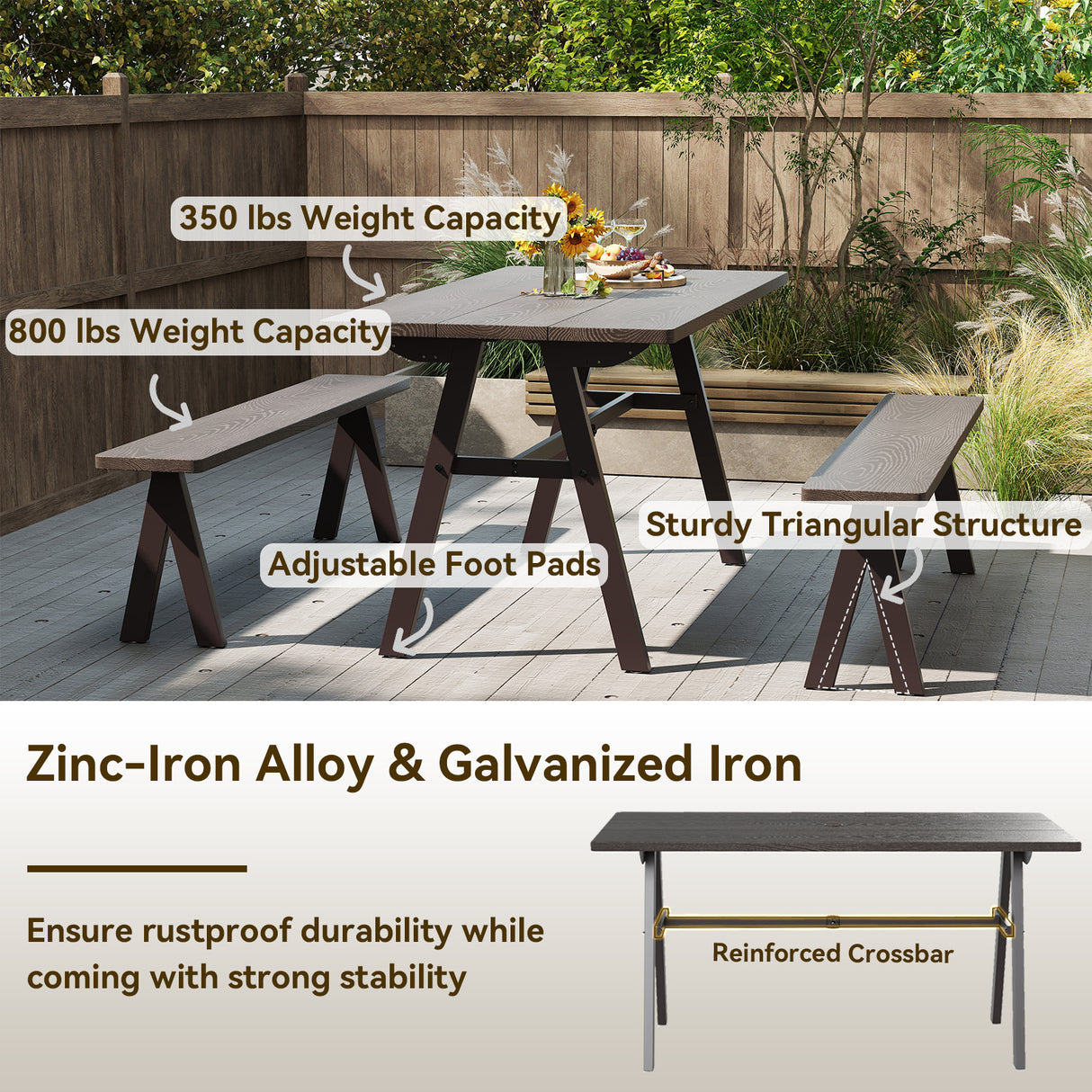 Outdoor Dining Tale for 6 with 1.93 Inch Umbrella Hole for Garden-Dark Brown
