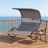 Outdoor Dual Rocker Sunbed 2-Person Canopied Patio Lounger with Detachable Headrests-Gray