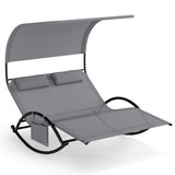 Outdoor Dual Rocker Sunbed 2-Person Canopied Patio Lounger with Detachable Headrests-Gray