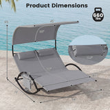 Outdoor Dual Rocker Sunbed 2-Person Canopied Patio Lounger with Detachable Headrests-Gray