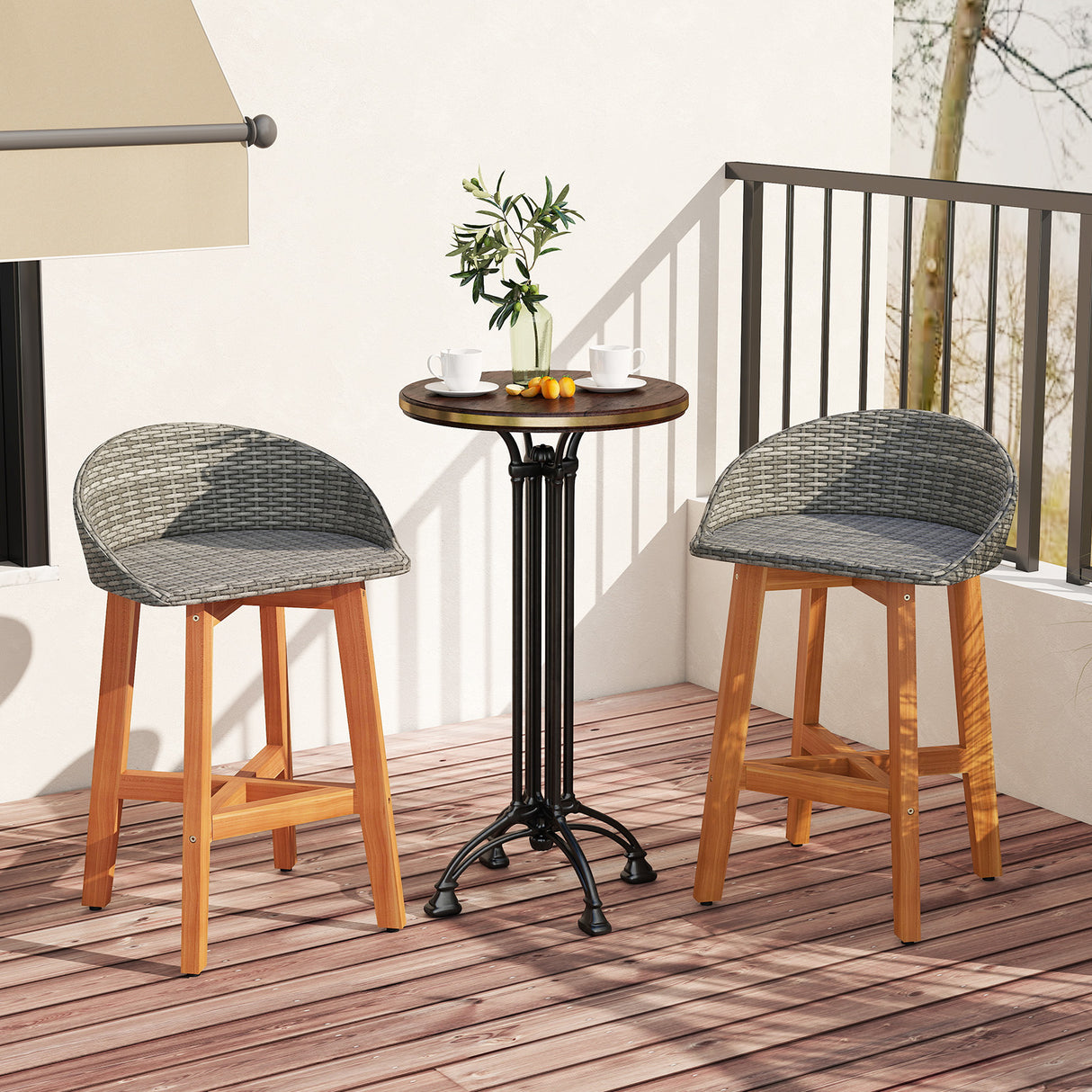 Outdoor Faux Rattan Bar Chairs Set of 2 with Ergonomic Backrests and Footrests