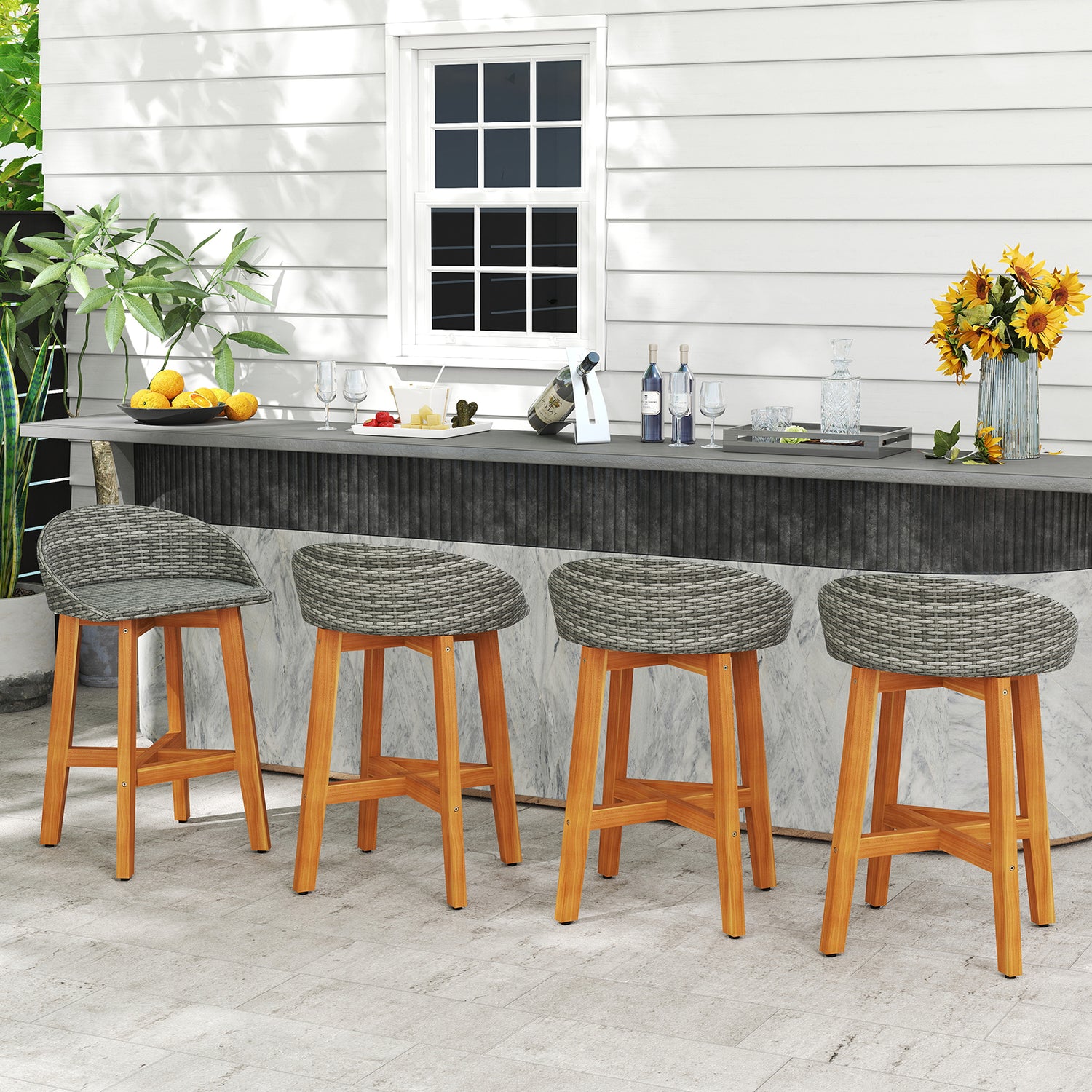Outdoor Faux Rattan Bar Chairs Set of 2 with Ergonomic Backrests and Footrests