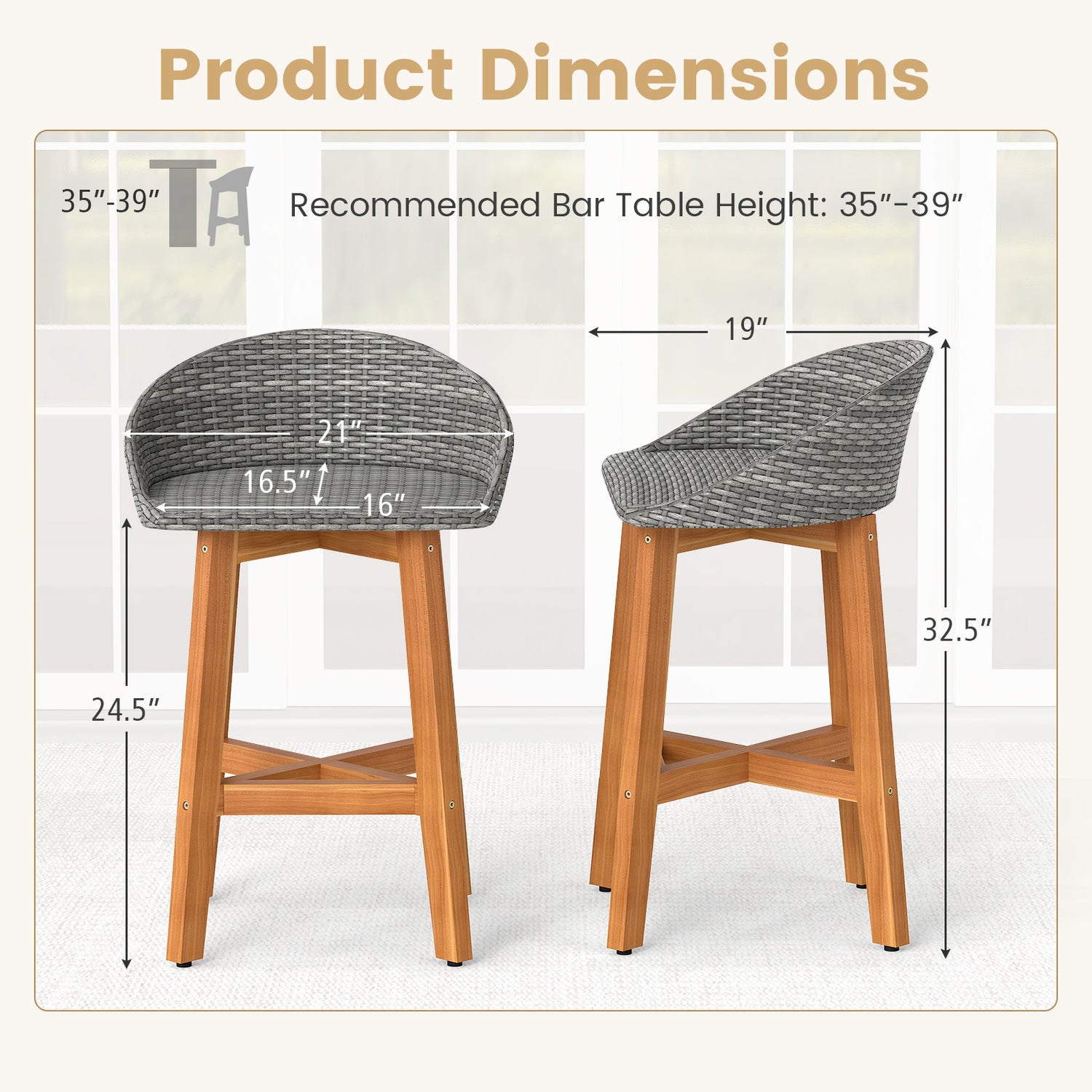 Outdoor Faux Rattan Bar Chairs Set of 2 with Ergonomic Backrests and Footrests