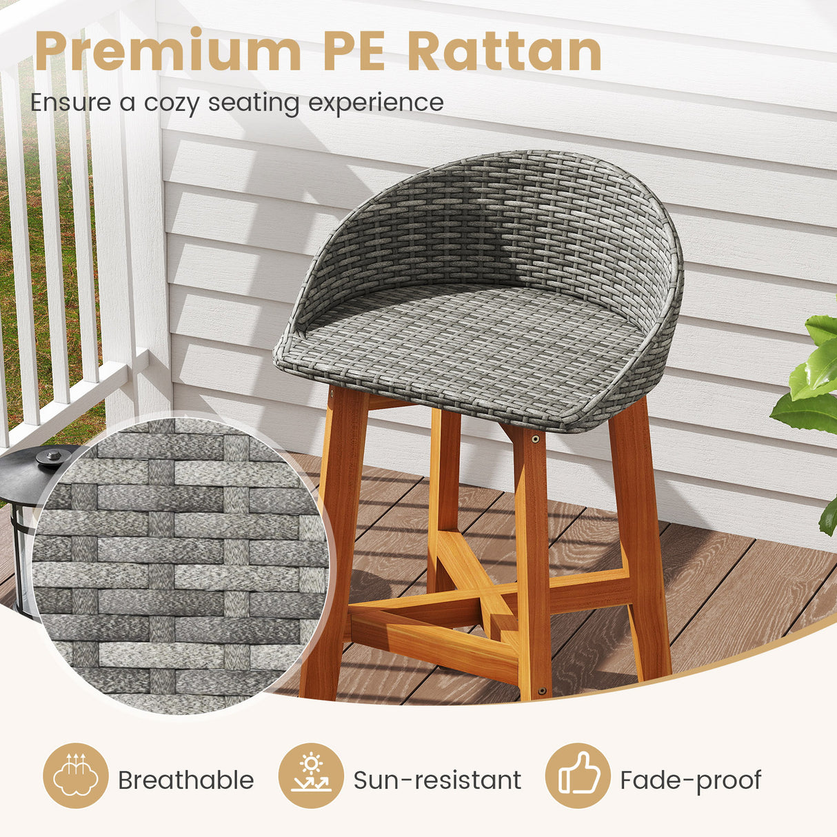 Outdoor Faux Rattan Bar Chairs Set of 2 with Ergonomic Backrests and Footrests