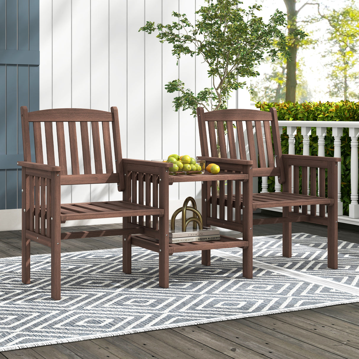 Outdoor Fir Wood Loveseat with 2-Tier Side Table and 1.96" Umbrella Hole