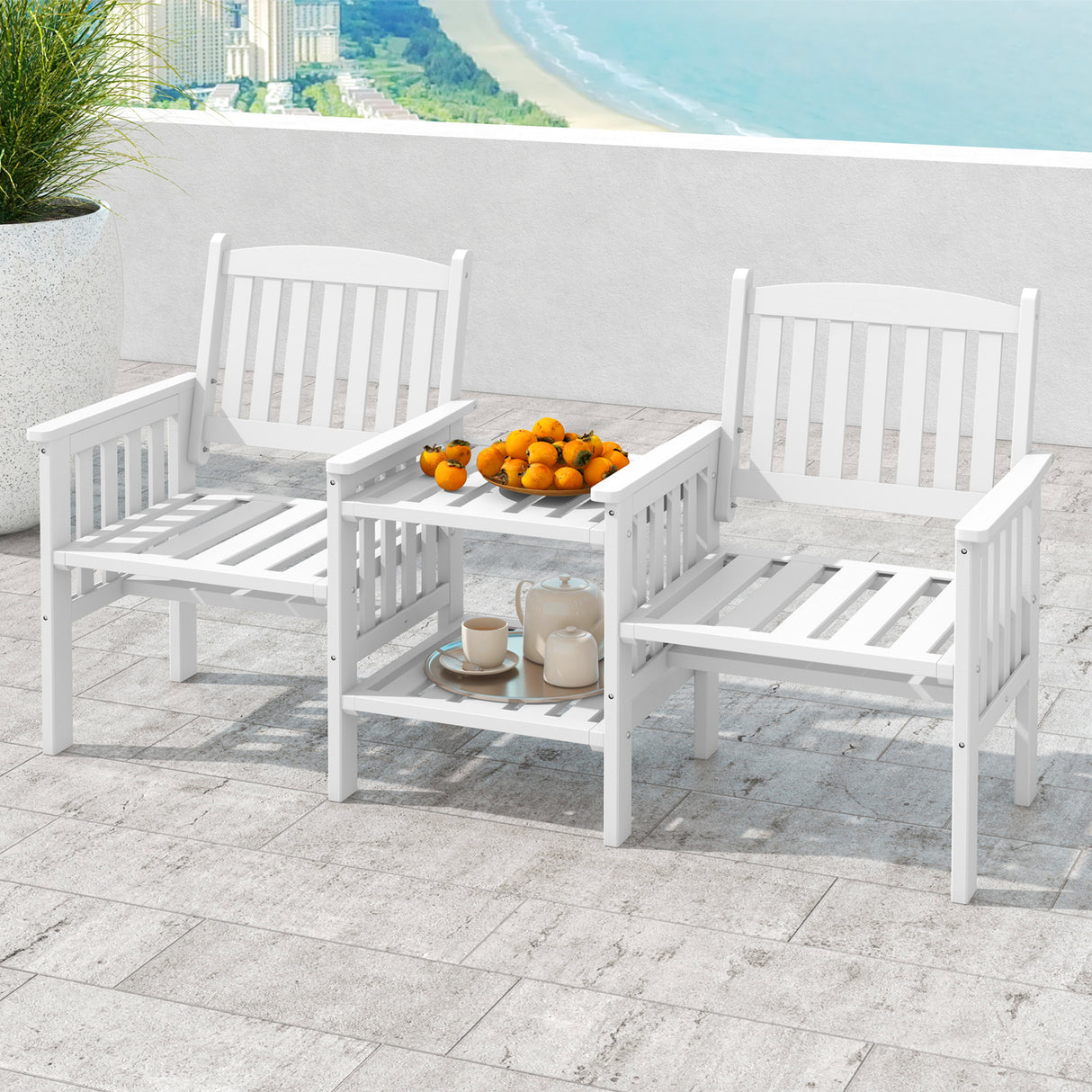Outdoor Fir Wood Loveseat with 2-Tier Side Table and 1.96" Umbrella Hole