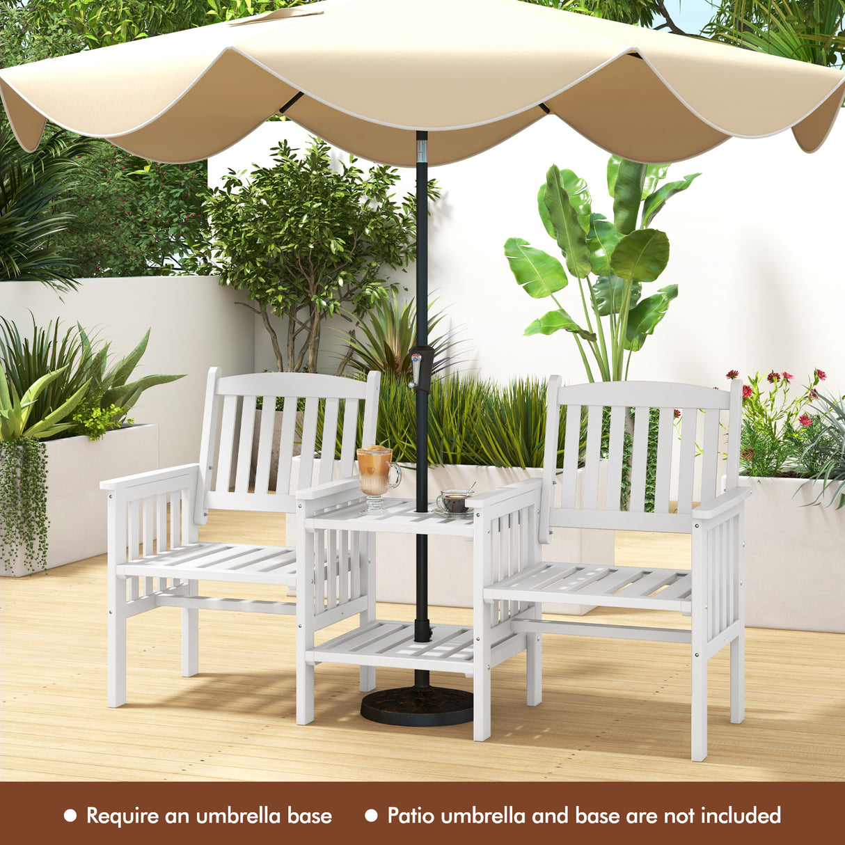 Outdoor Fir Wood Loveseat with 2-Tier Side Table and 1.96" Umbrella Hole