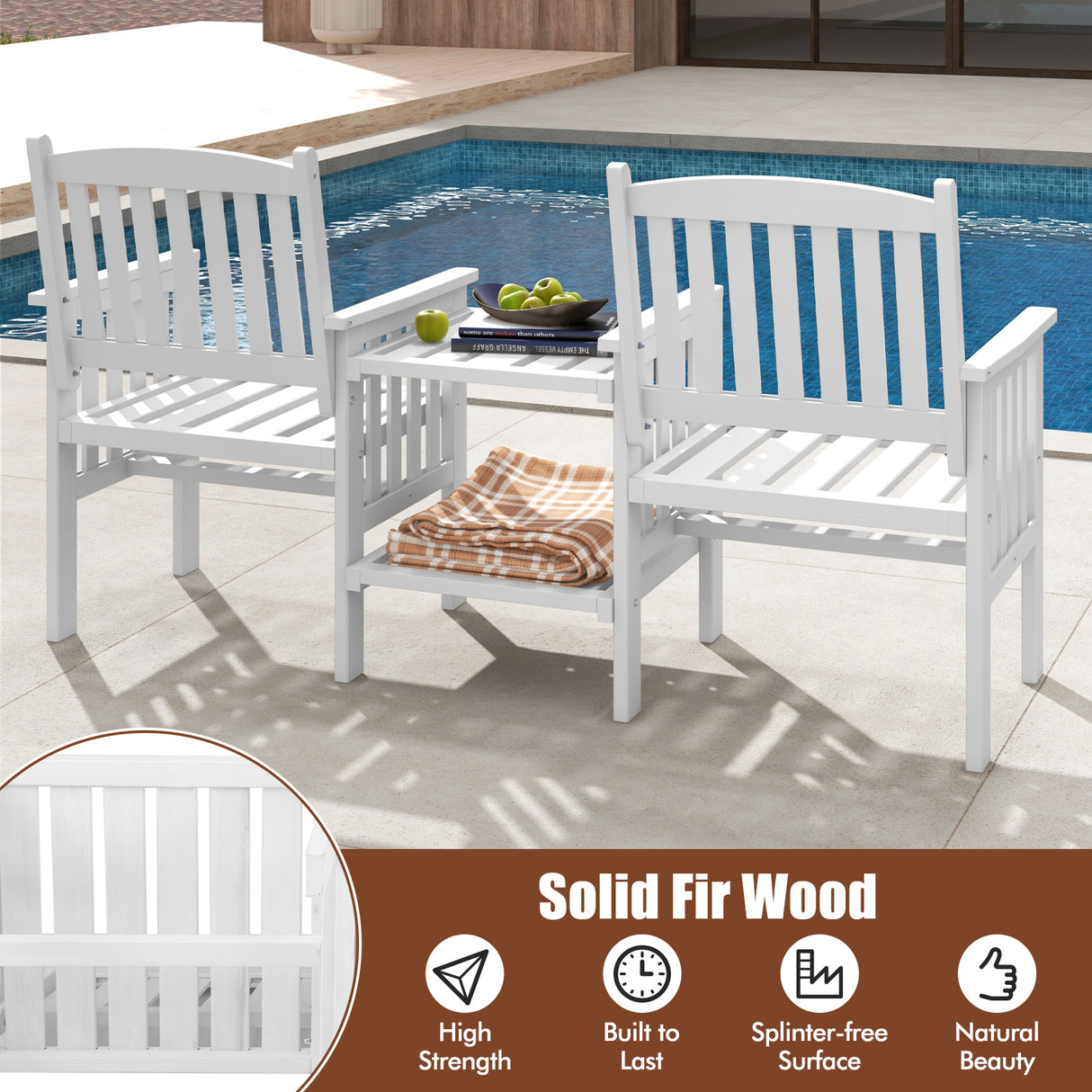 Outdoor Fir Wood Loveseat with 2-Tier Side Table and 1.96" Umbrella Hole