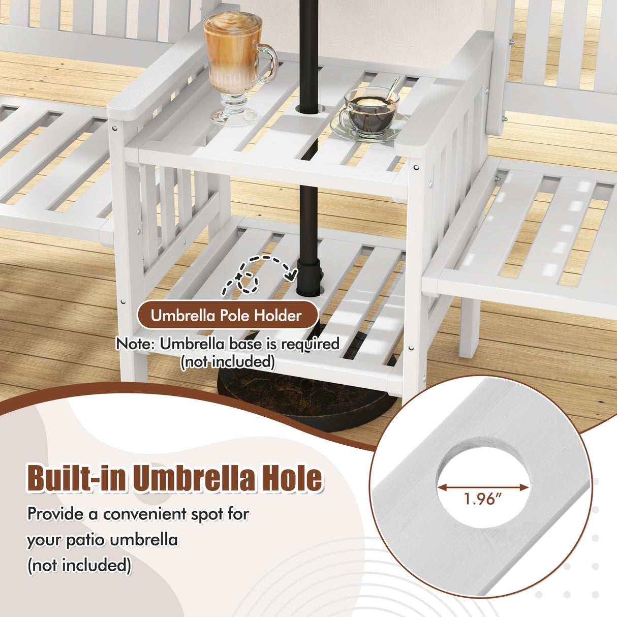 Outdoor Fir Wood Loveseat with 2-Tier Side Table and 1.96" Umbrella Hole